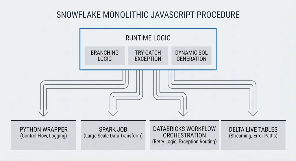 Diagram showing a Snowflake monolithic JavaScript procedure's runtime logic splitting into a Python wrapper, Spark job, Databricks workflow orchestration, and Delta Live Tables.
