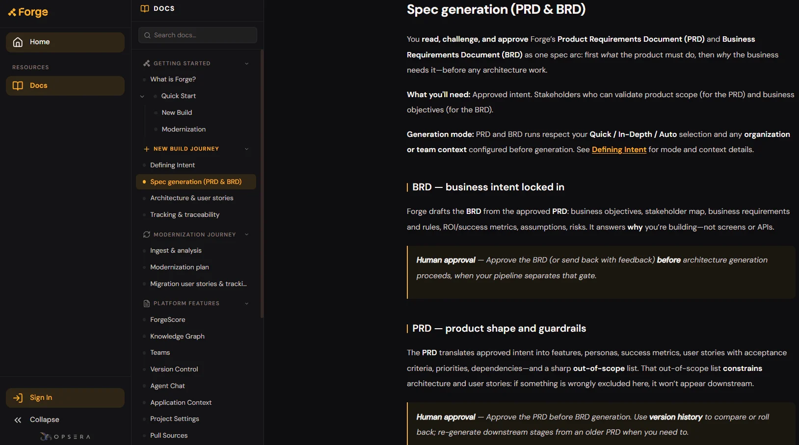 Forge docs screenshot, Spec generation page