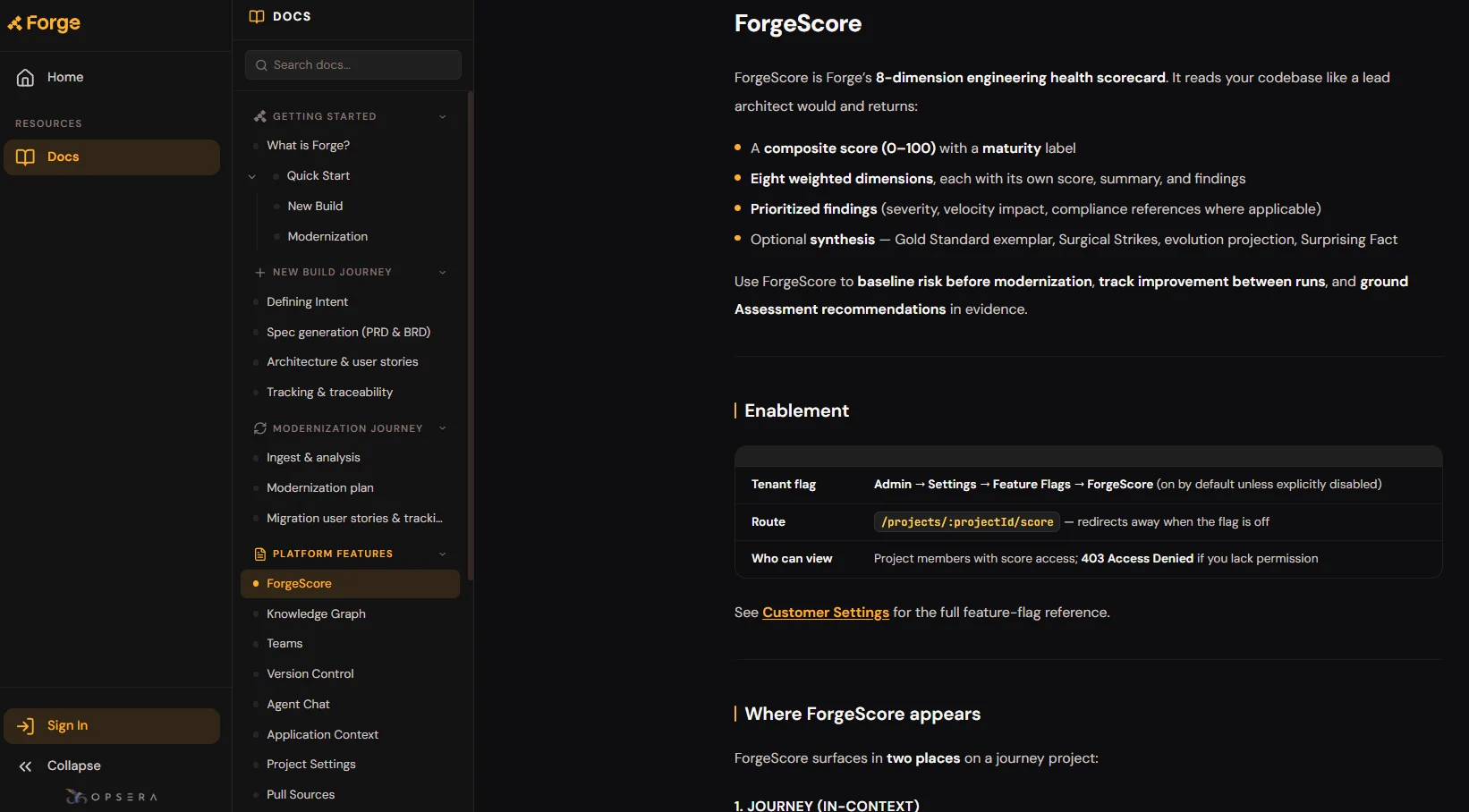 ForgeScore engineering health scorecard showing eight weighted dimensions, composite score, and prioritized findings for Java codebase assessment