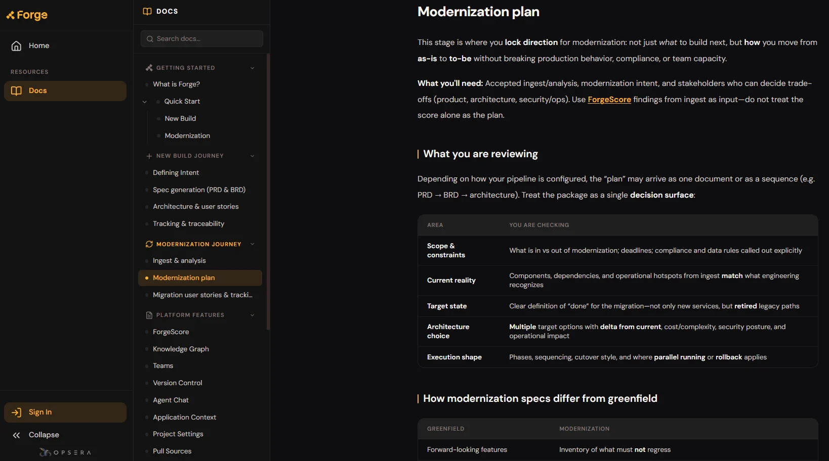 SoftwareForge documentation page on the modernization plan stage, showing scope, current reality, target state, and architecture choice review areas
