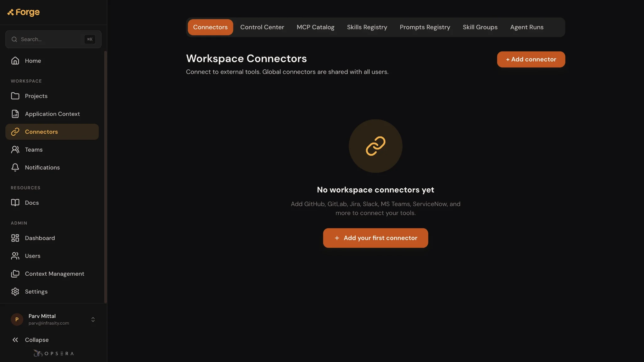 SoftwareForge Forge platform workspace connectors screen for linking tools like GitHub, GitLab, Jira, and Slack