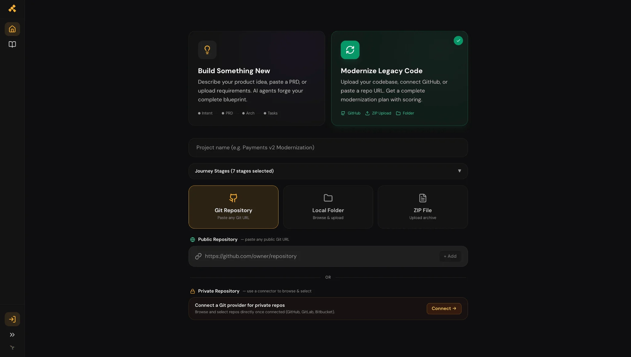 Forge platform screen for starting a project, with options to build something new or modernize legacy code by connecting a Git repository, folder, or ZIP file