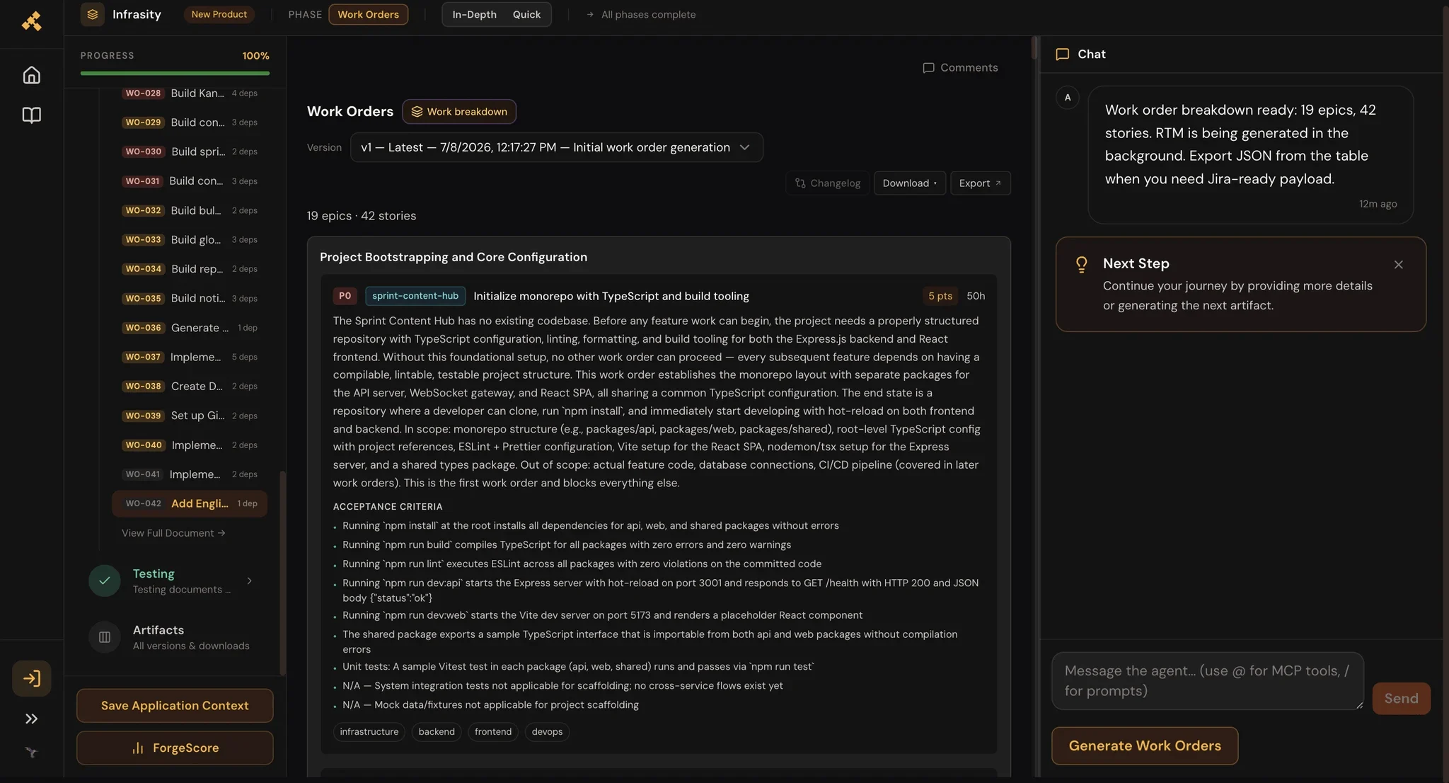Forge product screen showing the Intent stage of the five-stage journey, where a plain-language product description is structured into requirements, personas, and constraints