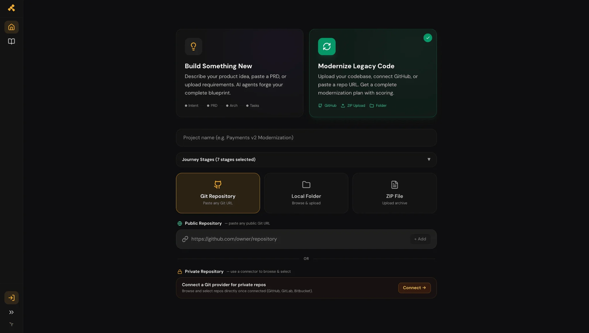 Forge platform screen for starting a project, with options to build something new or modernize legacy code by connecting a Git repository, folder, or ZIP file