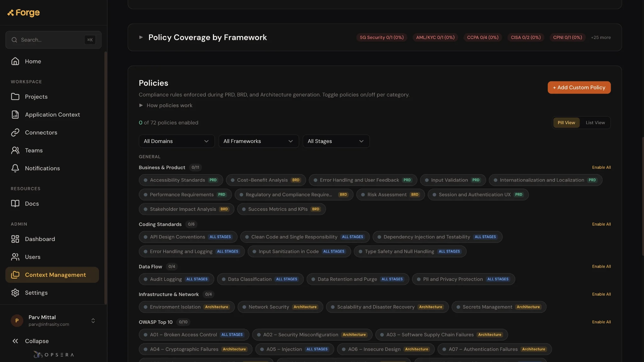 Forge platform screen showing Policy Coverage by Framework, listing compliance policies across business, coding standards, data flow, infrastructure, and OWASP Top 10 categories
