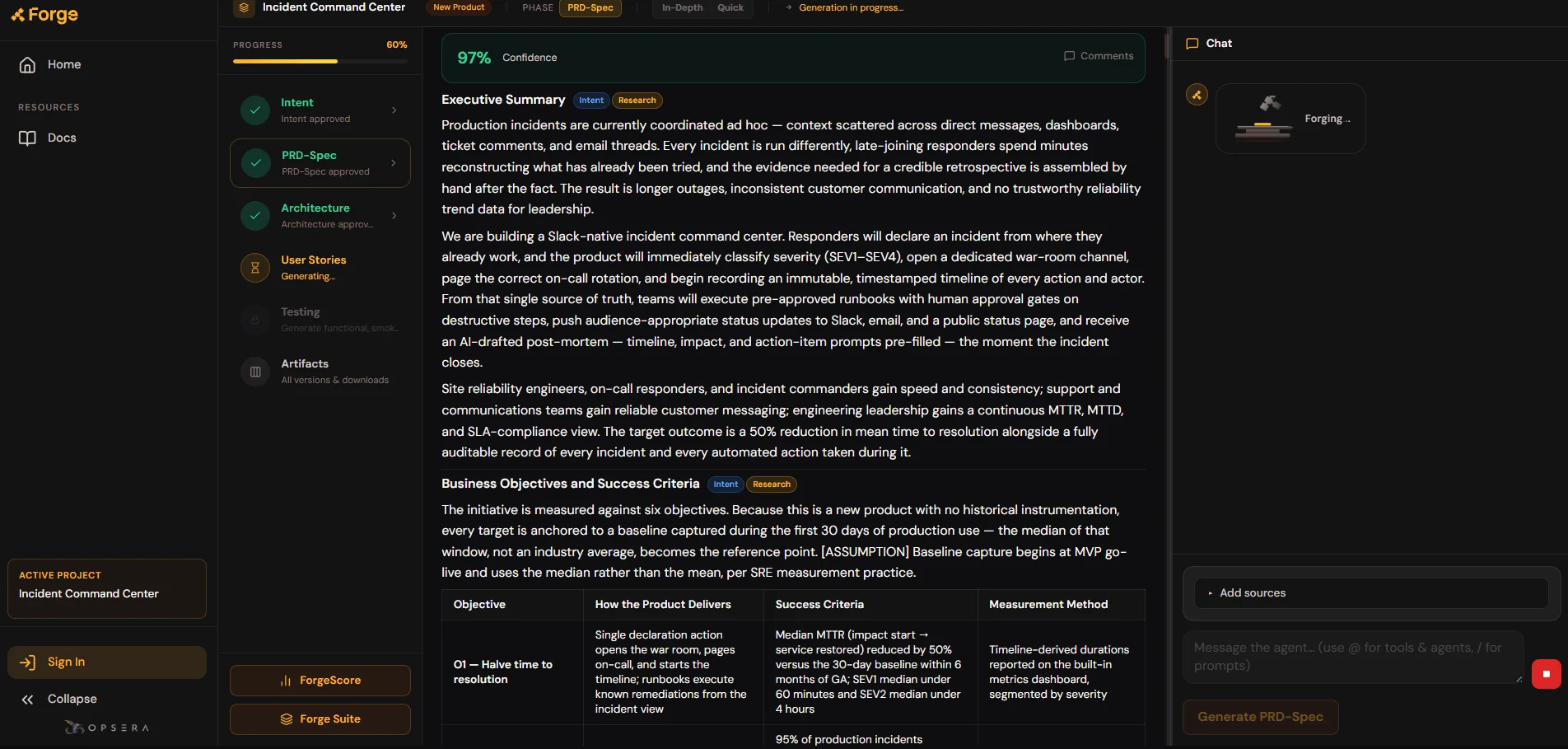 Forge platform screen showing PRD-Spec generation for an incident command center project, including executive summary and business objectives with success criteria