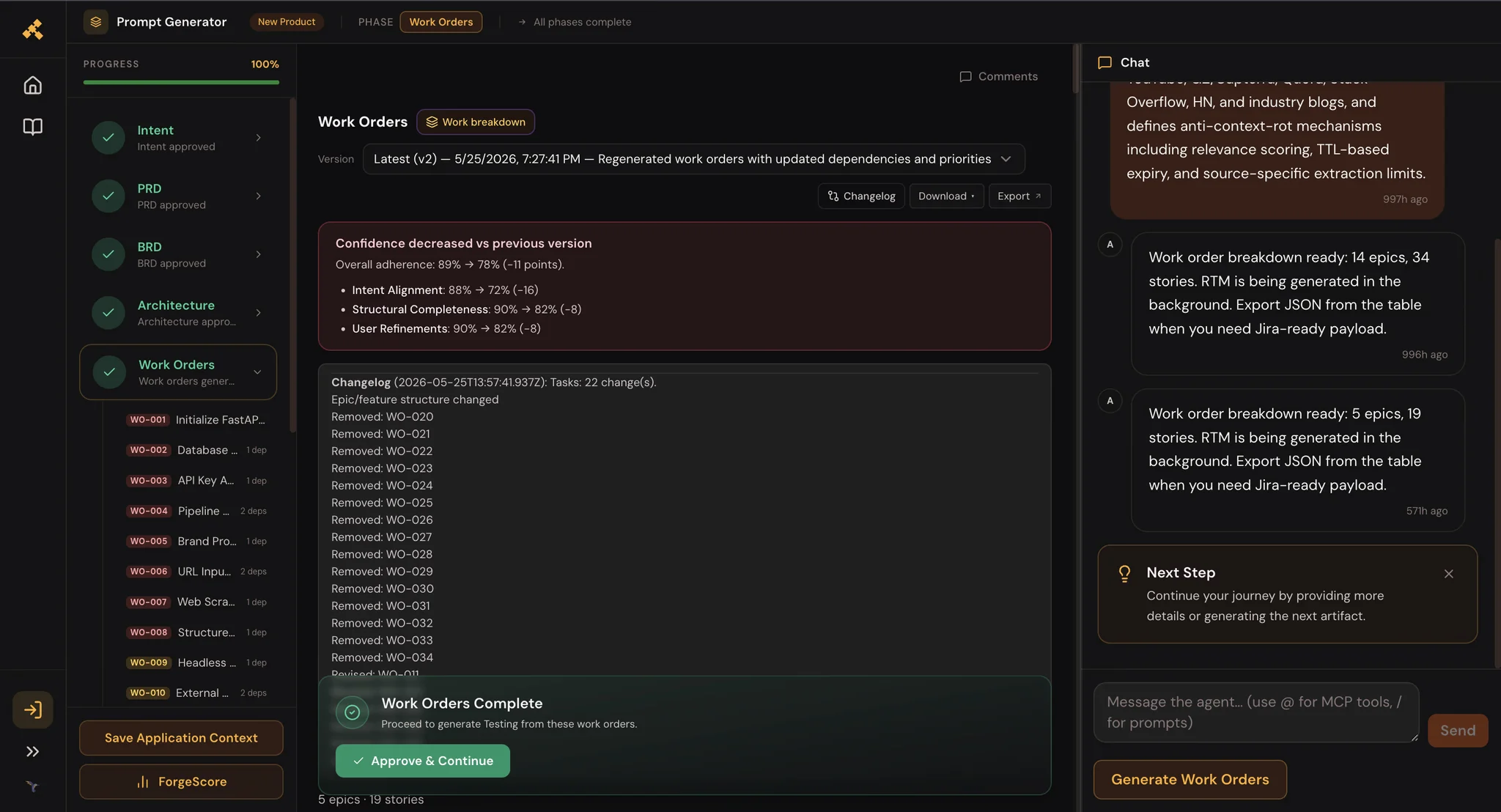Forge Work Orders screen showing a work order breakdown with epics and stories, confidence scores, and a changelog of version updates