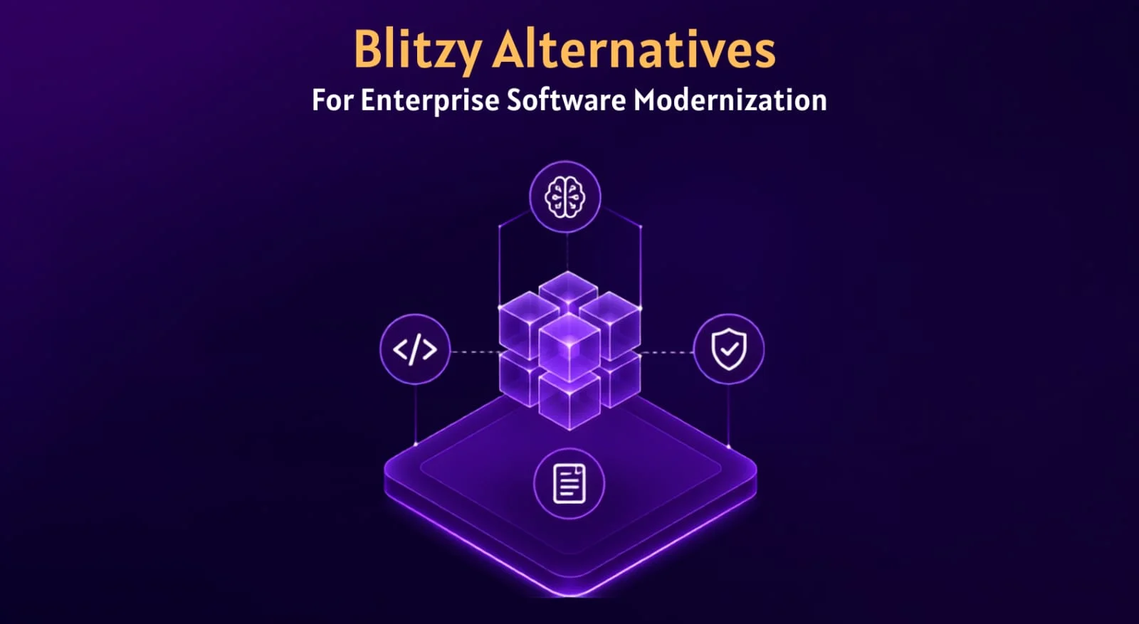 Blitzy Alternatives for Enterprise Software Modernization — isometric graphic of a knowledge graph platform connected to code, security, documentation, and AI icons
