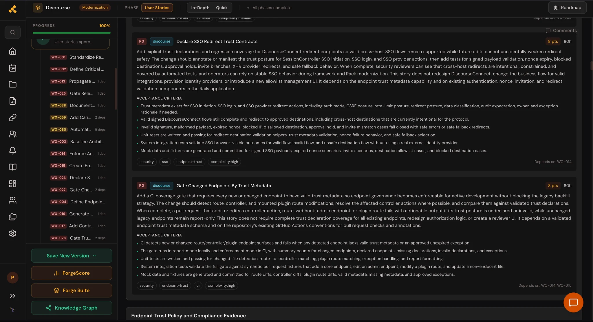 Forge Work Orders screen showing user stories for Discourse modernization, including declaring SSO redirect trust contracts and gating changed endpoints by trust metadata with acceptance criteria
