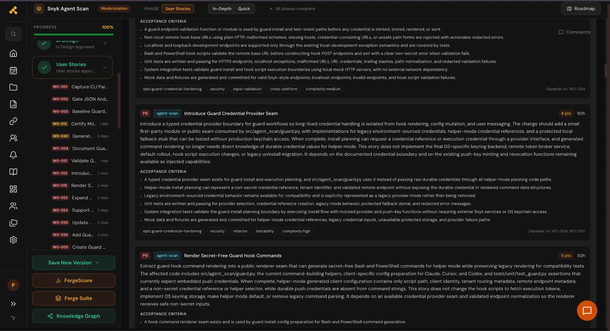 Forge Work Orders screen showing user stories for Snyk agent-scan modernization, including introducing a guard credential provider seam and rendering secret-free guard hook commands