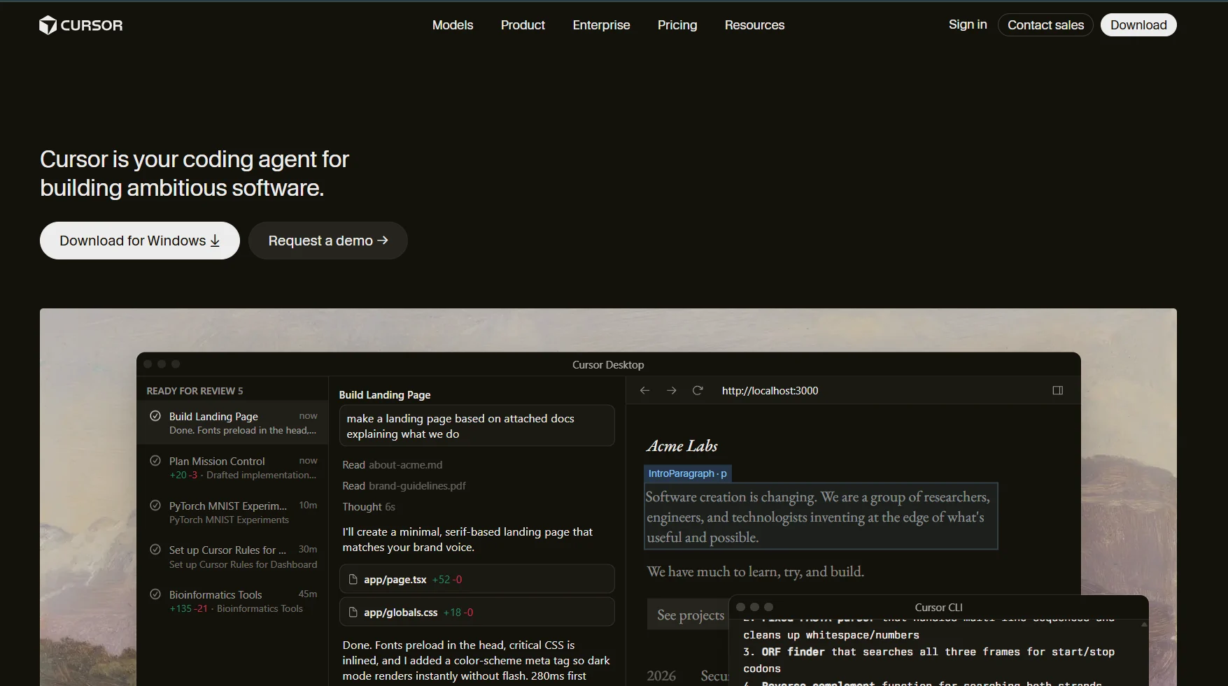 Screenshot of the Cursor homepage showing its AI coding agent interface with a task list and live code editor preview