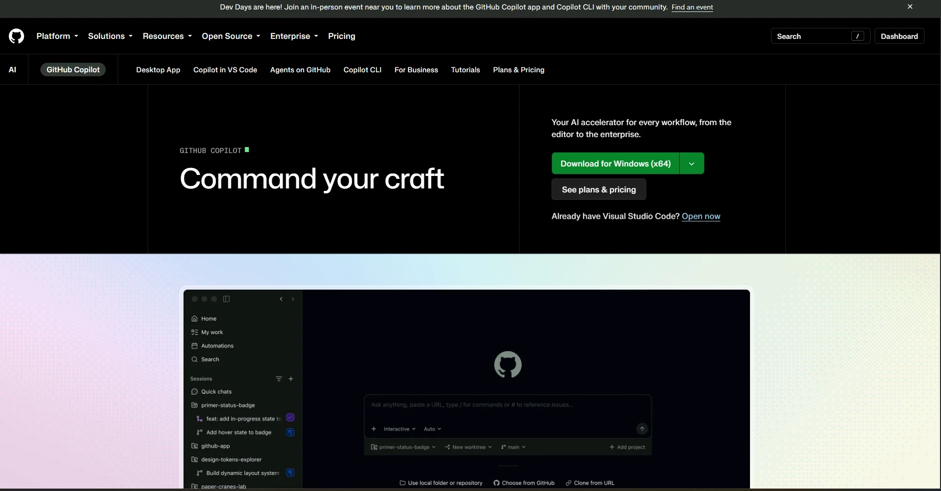 Screenshot of the GitHub Copilot homepage with the "Command your craft" hero section and a chat/agent panel below