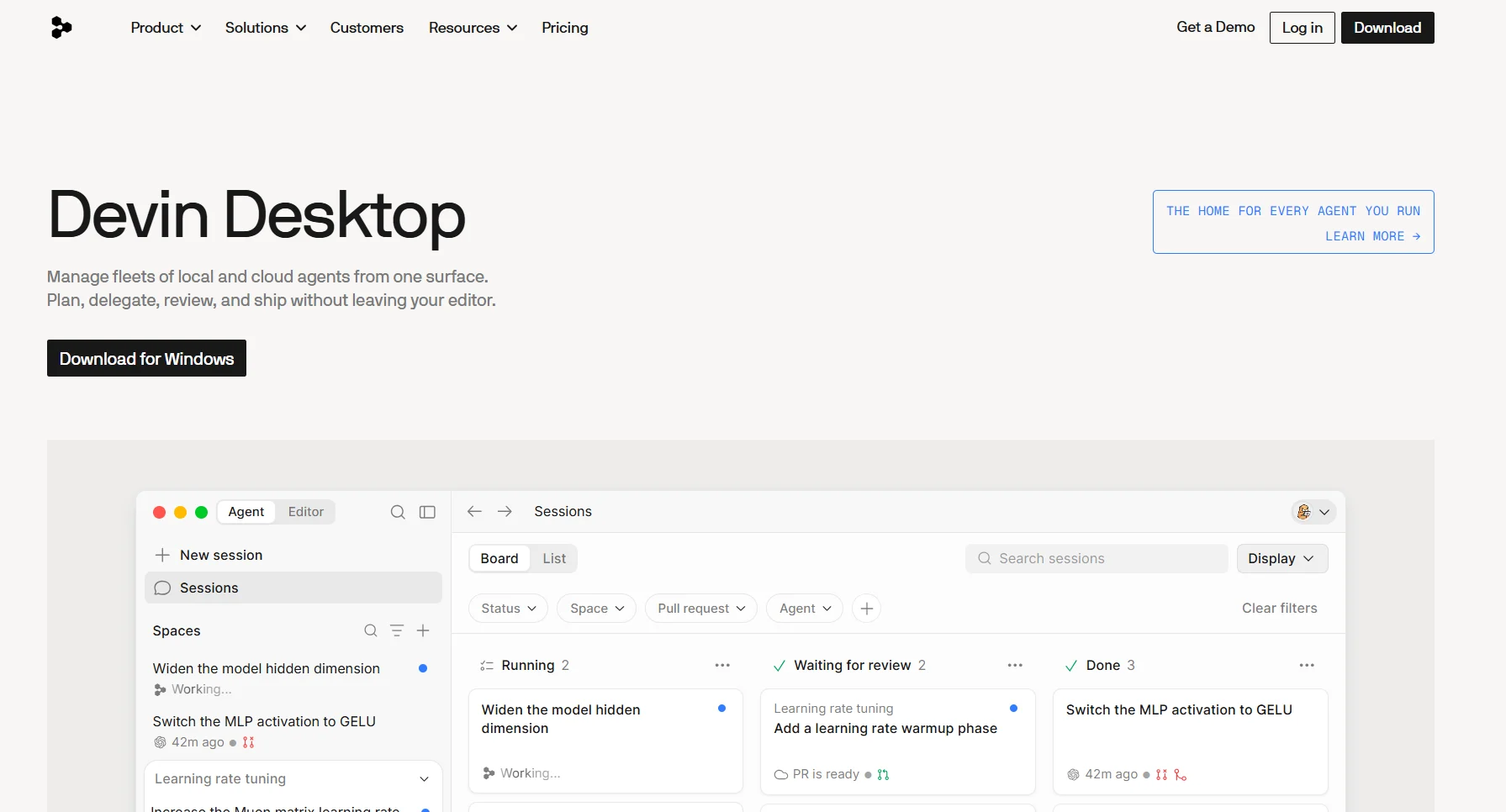 Screenshot of the Devin Desktop app showing a Kanban-style board of running, waiting, and completed AI coding sessions