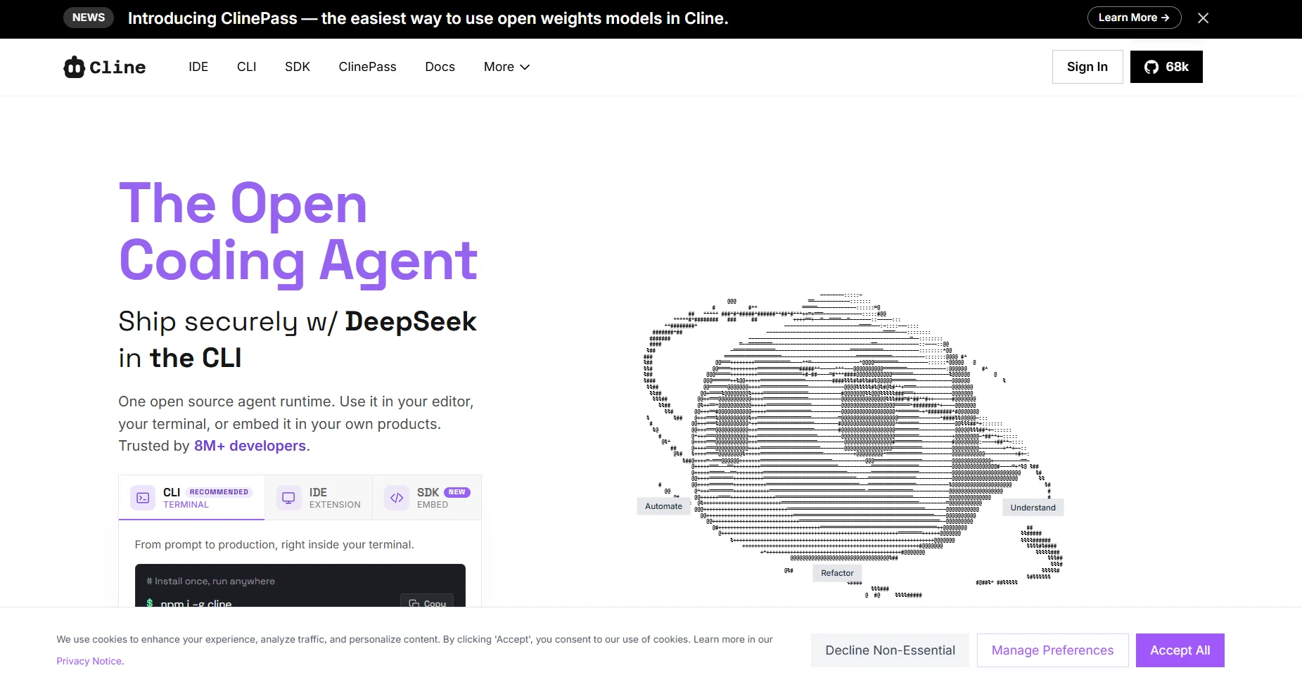 Screenshot of the Cline homepage showing "The Open Coding Agent" hero text and an ASCII-art robot graphic