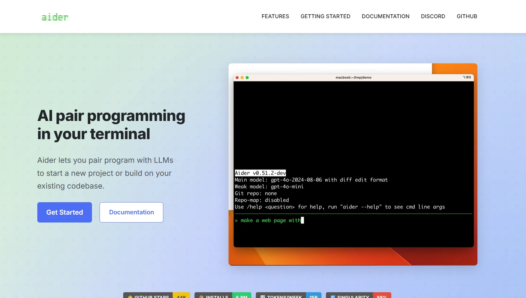 Screenshot of the Aider homepage showing its terminal-based AI pair programming interface