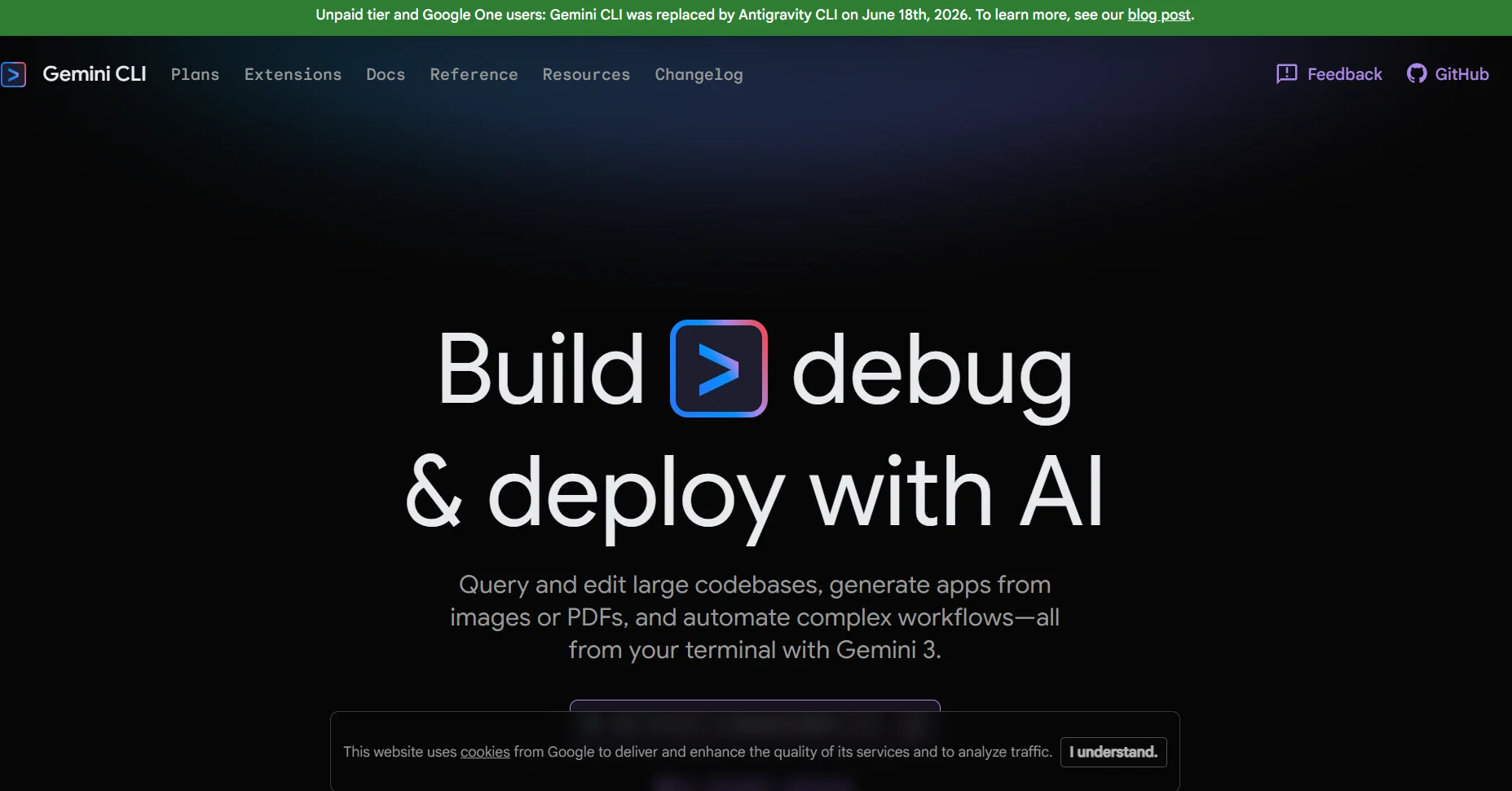 Screenshot of the Gemini CLI homepage with the headline "Build, debug & deploy with AI"