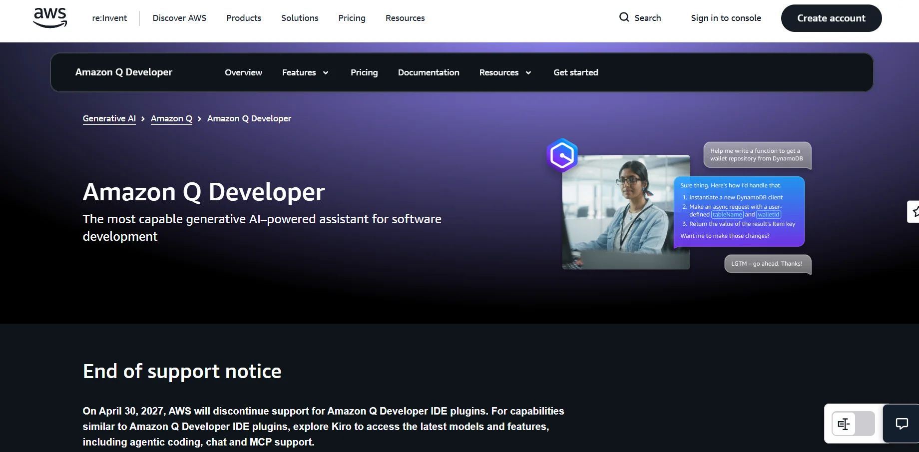 Screenshot of the Amazon Q Developer homepage showing a sample chat interaction and an end-of-support notice for IDE plugins