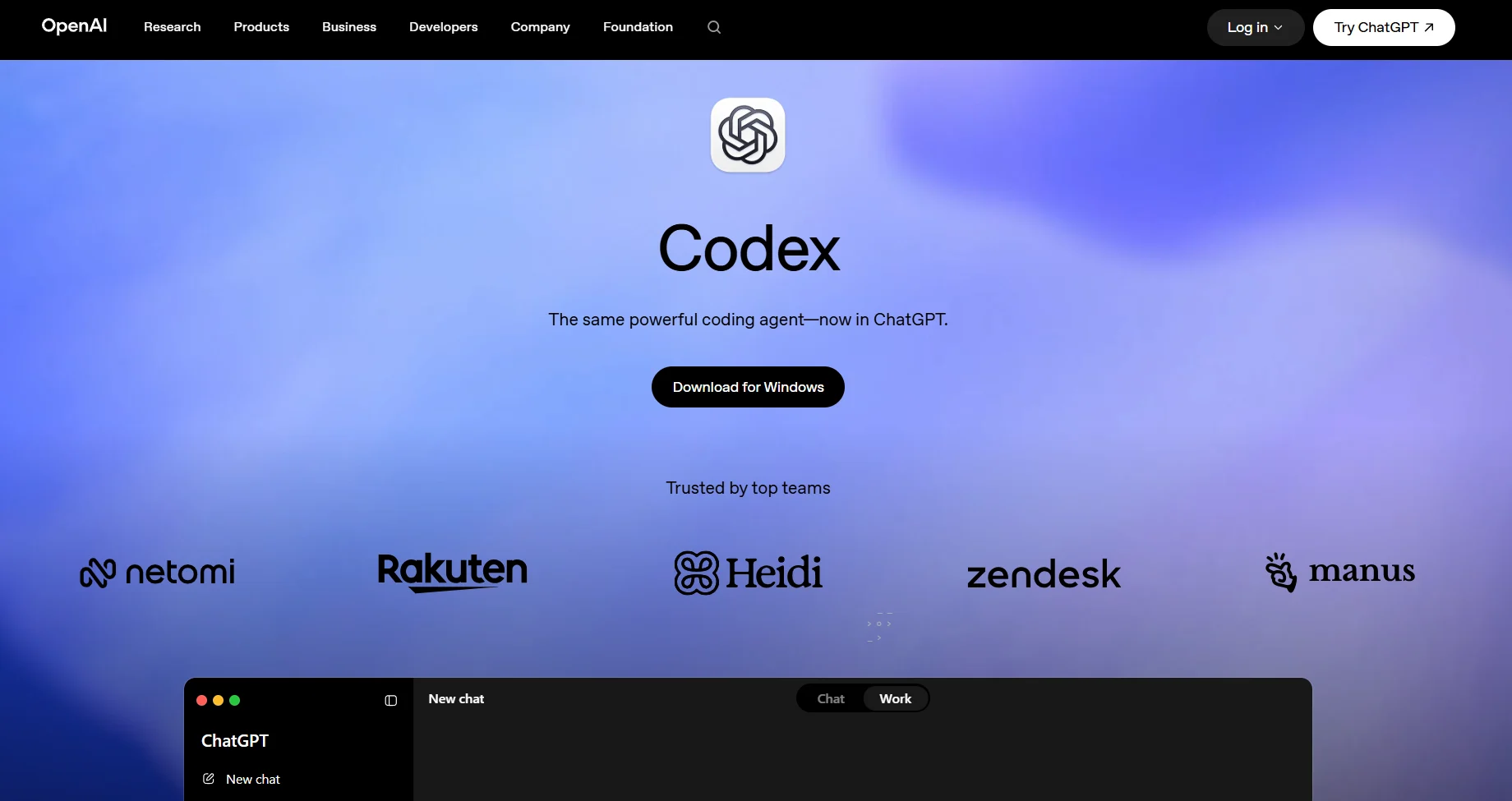 Screenshot of the OpenAI Codex homepage showing the ChatGPT-integrated coding agent and logos of companies using it