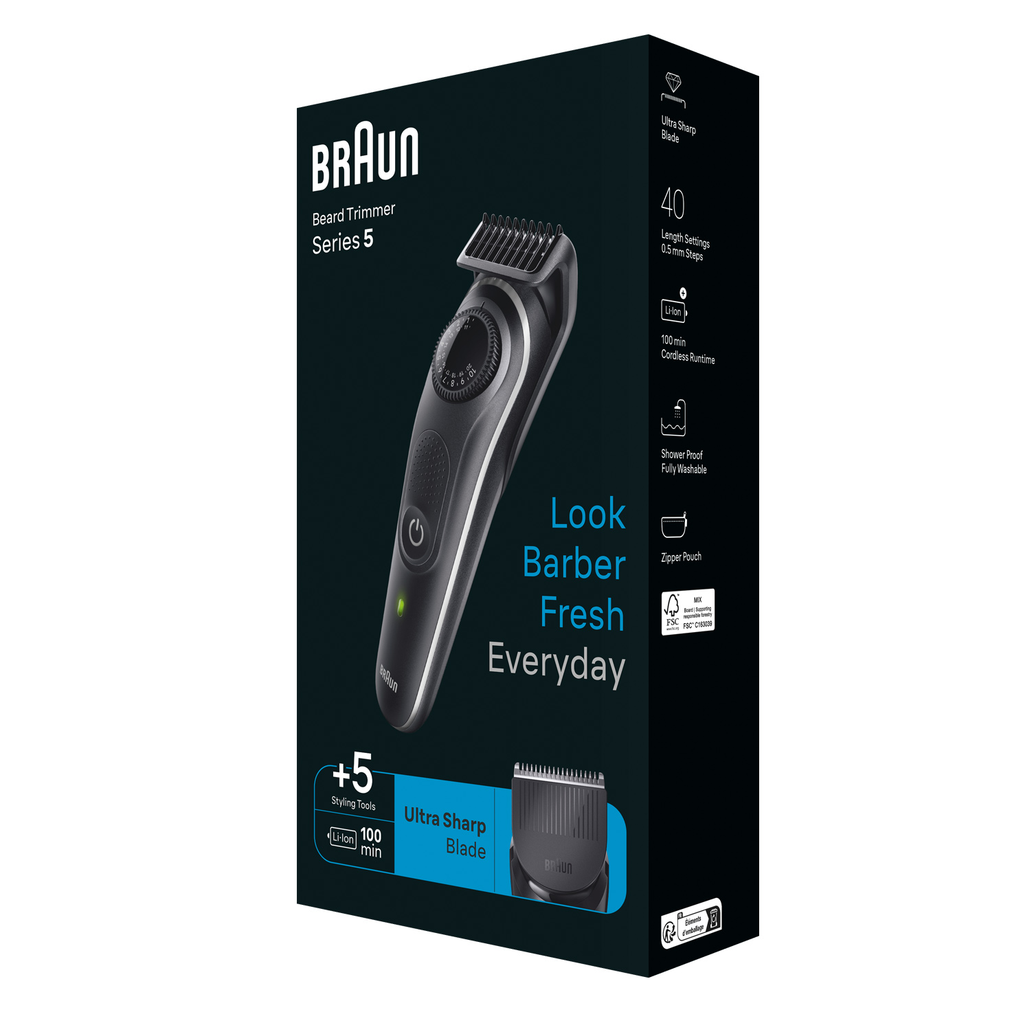 BT Braun 5 5 Beard 5421 With Nordics Trimmer Braun Barbering Series Tools- Black/Grey |