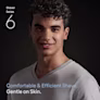 A smiling man with a shaved face. Text says: Comfortable & Efficient Shave. A smiling man with a shaved face. Text says: Comfortable & Efficient Shave.