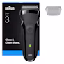 Braun Series 3 300s shaver with protection cap. Text says close and clean shave.