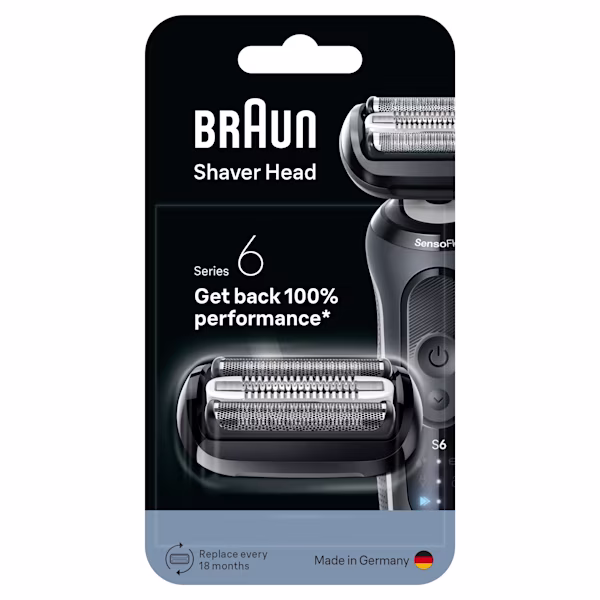 Braun Series 6 replacement shaver head in packaging, restores 100% performance, made in Germany. Braun Series 6 replacement shaver head in packaging, restores 100% performance, made in Germany.