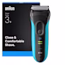 Braun Series 3 3040s shaver with protection cap. Text says close and comfortable shave.