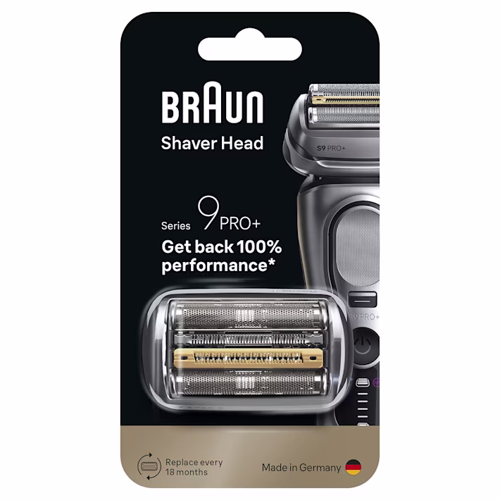 Braun Series 9 replacement shaver head in packaging, restores 100% performance, made in Germany.