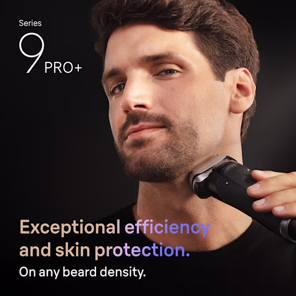 A man shaving with a Series 9 PRO+. Text reads: Braun's best shave. A man shaving with a Series 9 PRO+. Text reads: Braun's best shave.