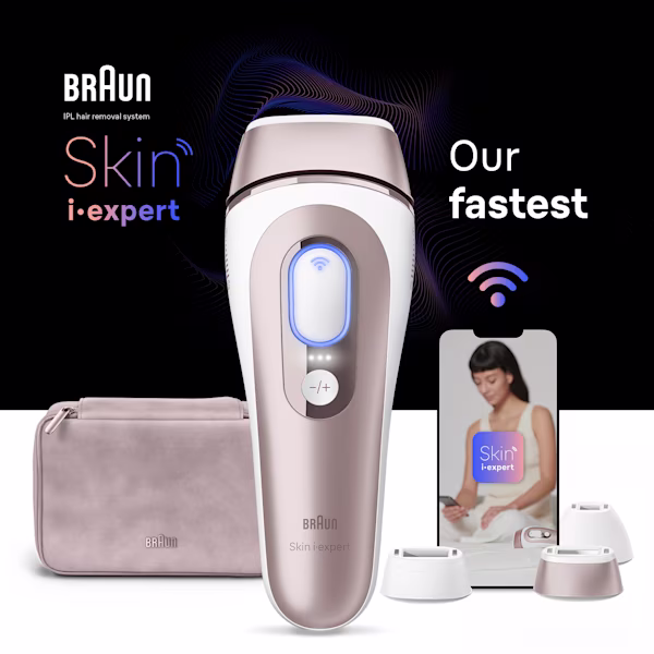 Centered IPL device, behind it a beige pouch, a mobile device with Skin i·expert app and three attachments Centered IPL device, behind it a beige pouch, a mobile device with Skin i·expert app and three attachments