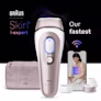Centered IPL device, behind it a beige pouch, a mobile device with Skin i·expert app and three attachments