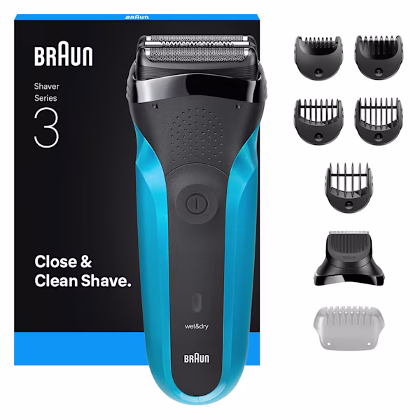 Braun Series 3 310BT shaver with multiple attachments. Text says close and clean shave. Braun Series 3 310BT shaver with multiple attachments. Text says close and clean shave.