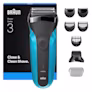 Braun Series 3 310BT shaver with multiple attachments. Text says close and clean shave.