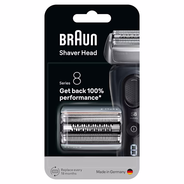 Braun Series 8 replacement shaver head in packaging, restores 100% performance, made in Germany.