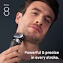 A man shaving with a Series 8 shaver. Text reads: Powerful and precise in every stroke. A man shaving with a Series 8 shaver. Text reads: Powerful and precise in every stroke.
