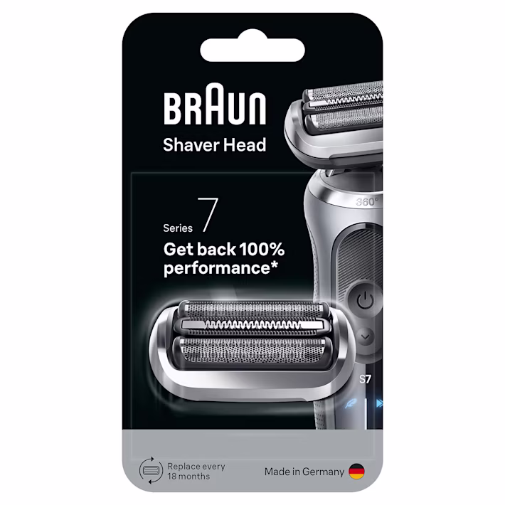 Braun Series 7 replacement shaver head in packaging, restores 100% performance, made in Germany.