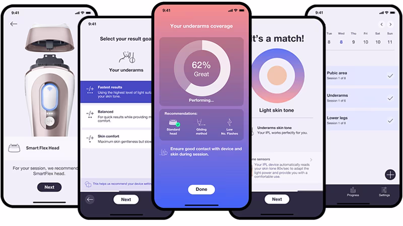 Braun IPL App screens showing the user interface of the personalized real-time coverage guidance, skin tone check, smart head recognition, personalized treatment plans, progress adjustment, sessions management and smart rescheduling.מסיר שיער Skin i&middot;expert&nbsp;PL7431 IPL - עם 5 שנות אחריות יבואן רשמי&nbsp;מבית BRAUN