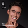 A man smiling, touching his shaven face. Text reads: 'Shaver Series 3+. Close & Comfortable Shave.'