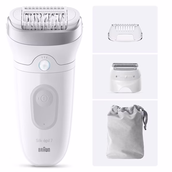 Front view product rendering of Silk·épil 7 with pouch, trimmer comb and shaver head on grey box next to the rendering on white background. Front view product rendering of Silk·épil 7 with pouch, trimmer comb and shaver head on grey box next to the rendering on white background.