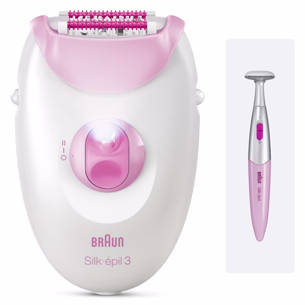 Front view product rendering of Silk·épil 3 with bikini trimmer on grey box next to the rendering on white background. Front view product rendering of Silk·épil 3 with bikini trimmer on grey box next to the rendering on white background.