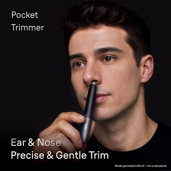 Man tirmming his nose hair with Braun Ear & Nose Trimmer. Man tirmming his nose hair with Braun Ear & Nose Trimmer.