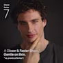 A smiling man with a shaved face. Text says: A closer and faster shave. A smiling man with a shaved face. Text says: A closer and faster shave.