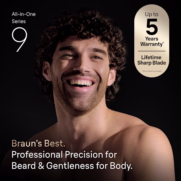 Man smiling with Braun All-in-One Series 9, highlighting precision grooming and body gentleness. Man smiling with Braun All-in-One Series 9, highlighting precision grooming and body gentleness.