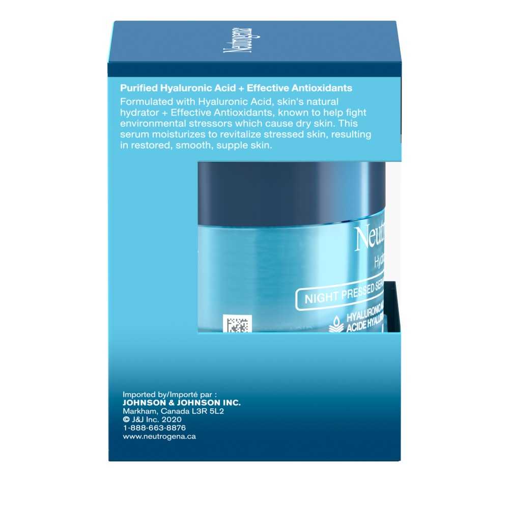 The side shot of NEUTROGENA® Hydro Boost Night Pressed Serum, 48g jar in its package.