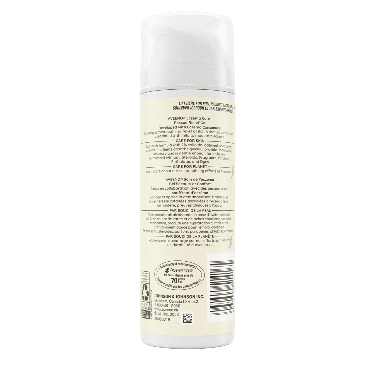 Arrière du flacon-pompe de 150 ml du gel secours et confort AVEENO® Soin de l’eczéma