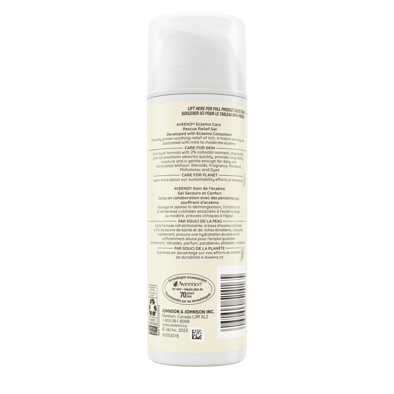 Back shot of AVEENO® Eczema Relief Rescue Relief Gel, pump bottle, 150 mL