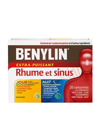 Duo pratique BENYLIN® Rhume et sinus Jour/Nuit, 24 comprimés. Soulage : Douleur sinusale, congestion nasale, mal de tête et écoulement nasal (comprimés Nuit seulement)  