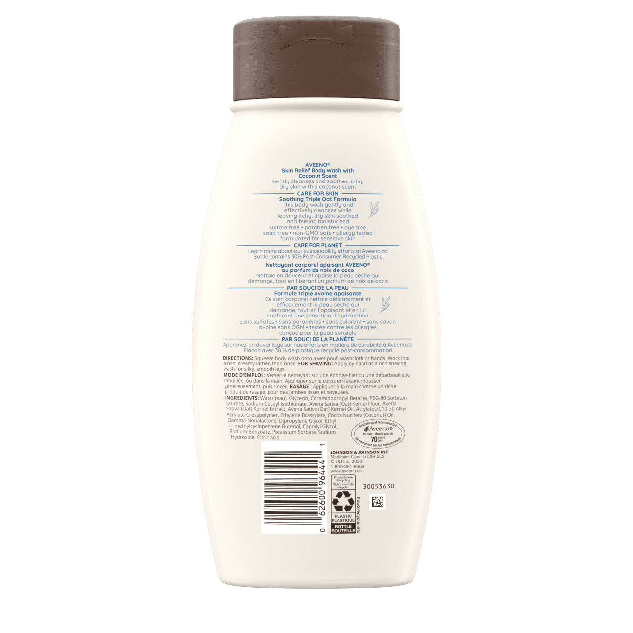 Panneau arrière du flacon compressible de 532 ml du gel nettoyant apaisant pour le corps AVEENO® au doux parfum de noix de coco