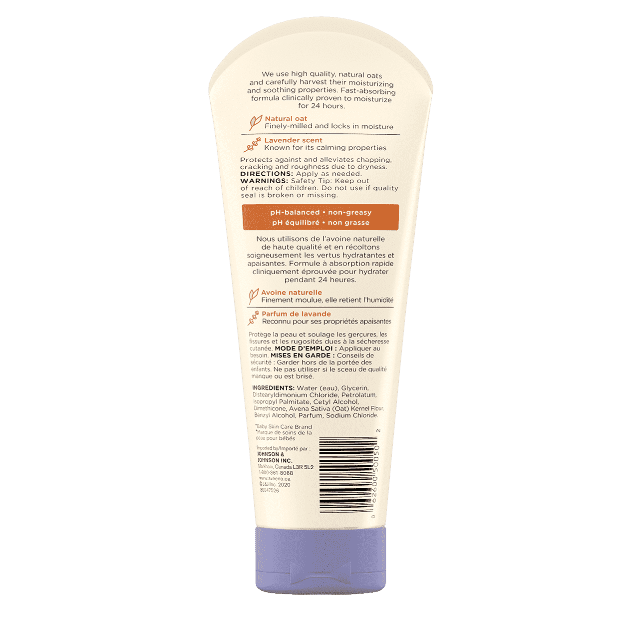 Étiquette arrière du tube de 227 ml de la lotion Calme et confort®  AVEENO® Baby 