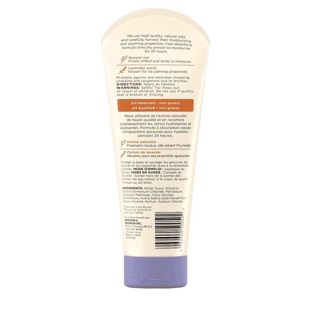 Étiquette arrière du tube de 227 ml de la lotion Calme et confort®  AVEENO® Baby 